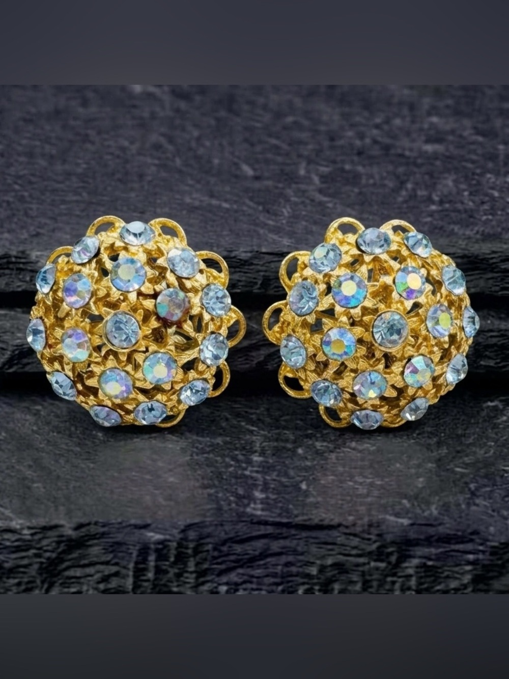 Vintage 50s Blue Aurora Borealis Crystal Filigree Cluster GoldTone Clip Earrings